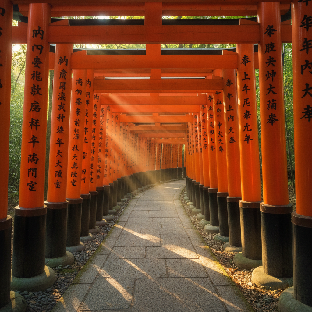교토 후시미 이나리 대샤의 끝없이 이어지는 붉은 토리이 터널 사이로 따스한 아침 햇살이 스며드는 고해상도 풍경 사진