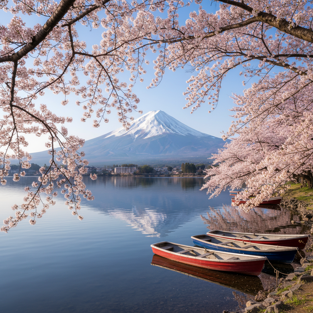 벚꽃이 만개한 봄날, 후지산이 배경으로 보이는 카와구치코 호수의 평화롭고 선명한 풍경 사진