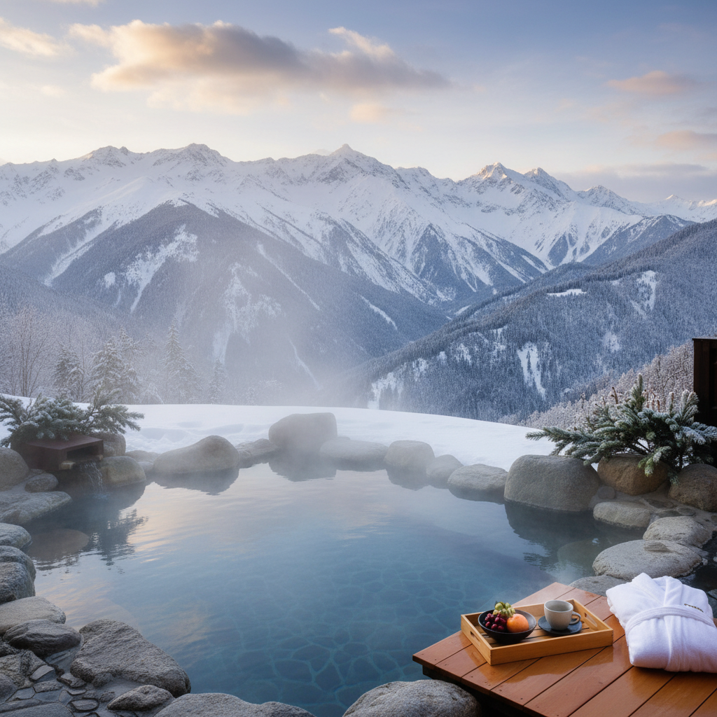 눈 덮인 겨울 산을 배경으로 김이 모락모락 피어오르는 야외 온천(노천탕)의 평온하고 고급스러운 분위기